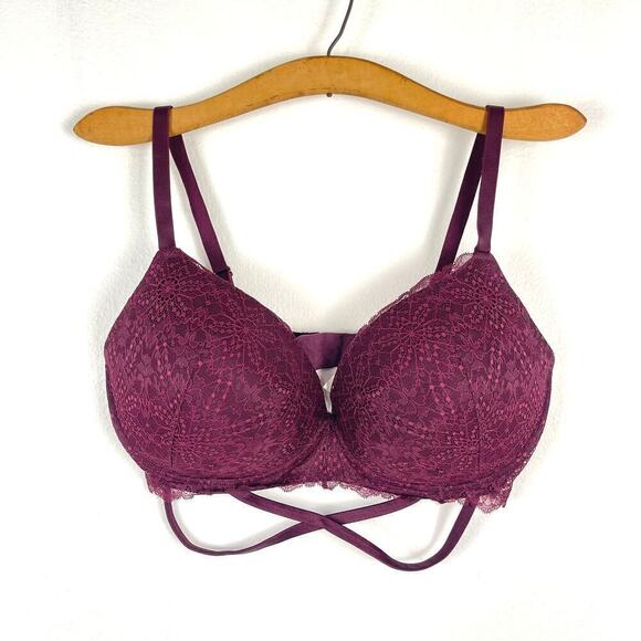 Pink Victoria's Secret Date Wireless Push Up Bra Burgundy Lace Women's 36DDD - Picture 1 of 8